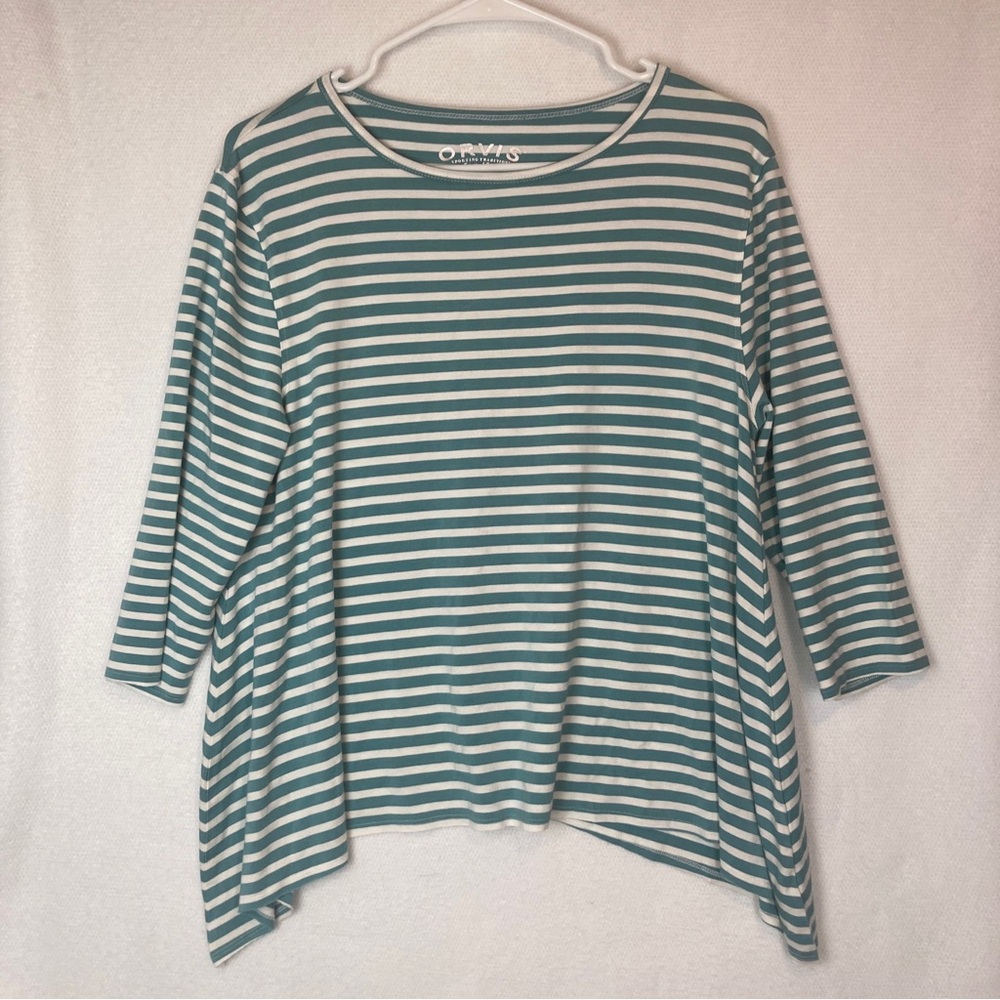 ORVIS Top Womens Size Small Aqua White Striped 3/4 Sleeve Sharkbite Hem
